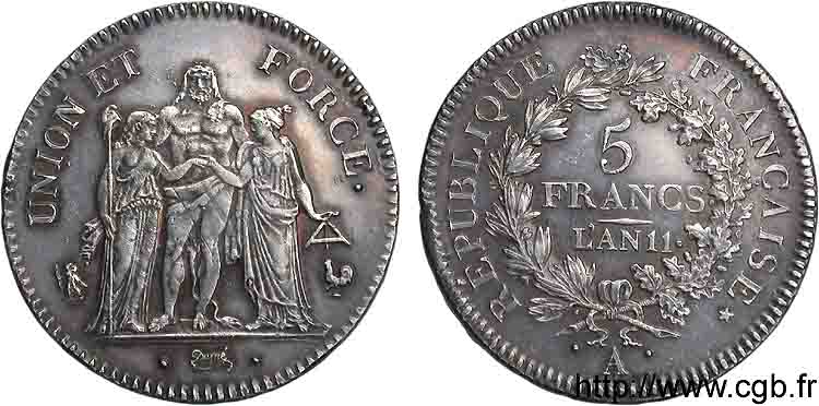 5 francs Union et Force, Union serré, seulement glands intérieurs 1803 Paris F.288/189 AU 