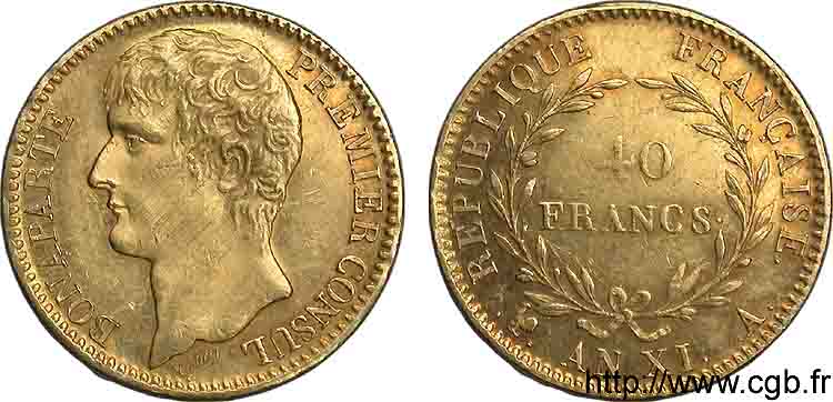 40 francs or Bonaparte premier Consul 1803 Paris F.536/1 AU 