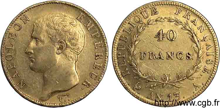 40 francs or Napoléon tête nue, Calendrier révolutionnaire 1805 Paris F.537/1 TTB 