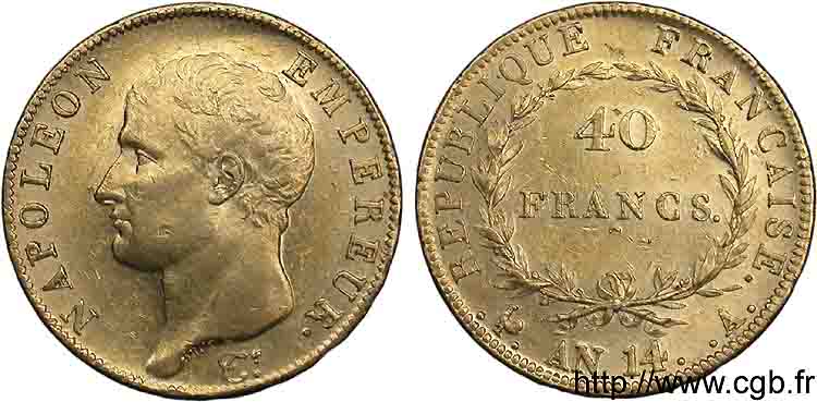 40 francs or, Napoléon tête nue, calendrier révolutionnaire 1805 Paris F.537/2 EBC 