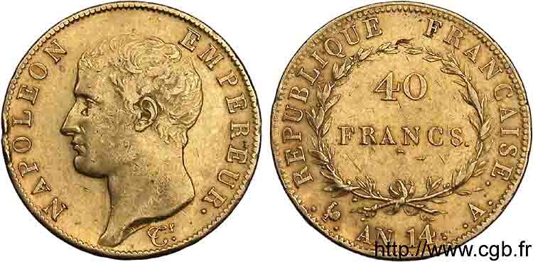 40 francs or, Napoléon tête nue, calendrier révolutionnaire 1805 Paris F.537/2 TTB 