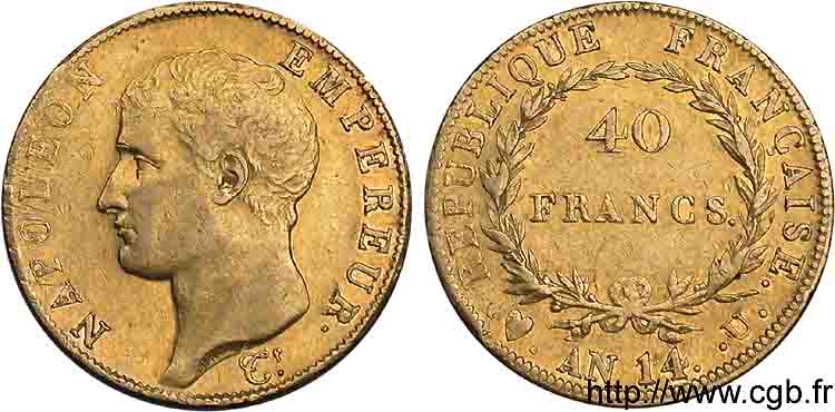 40 francs or, Napoléon tête nue, calendrier révolutionnaire 1805 Turin F.537/3 TTB 