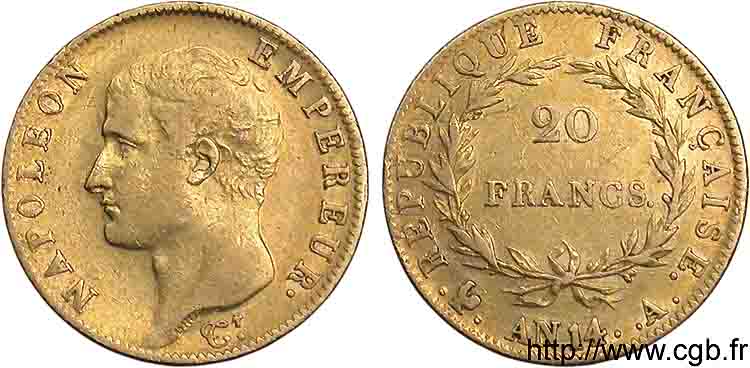 20 francs Napoléon tête nue, calendrier révolutionnaire 1805 Paris F.512/5 XF 