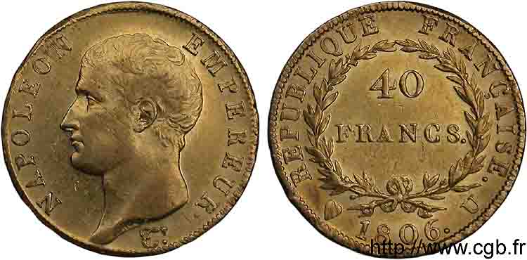 40 francs or Napoléon tête nue, calendrier grégorien 1806 Turin F.538/4 MBC 