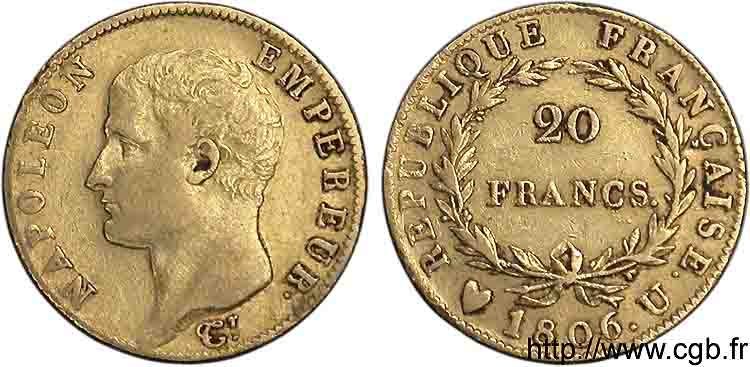 20 francs Napoléon tête nue, calendrier grégorien 1806 Turin F.513/4 MBC 