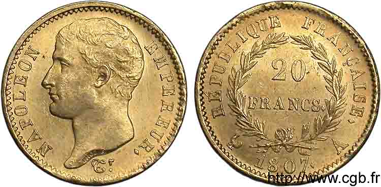 20 francs Napoléon tête nue, type transitoire 1807 Paris F.514/1 EBC 