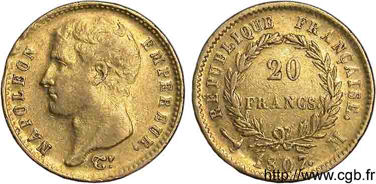 20 francs Napoléon tête nue, type transitoire 1807 Toulouse F.514/2 MBC 