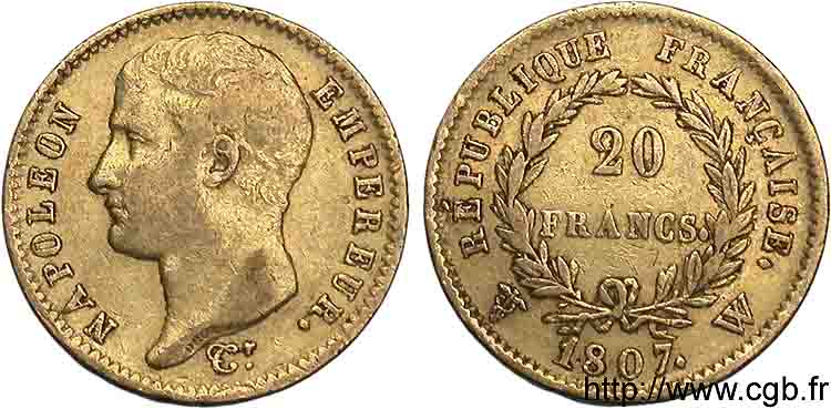 20 francs Napoléon tête nue, type transitoire 1807 Lille F.514/4 MBC 