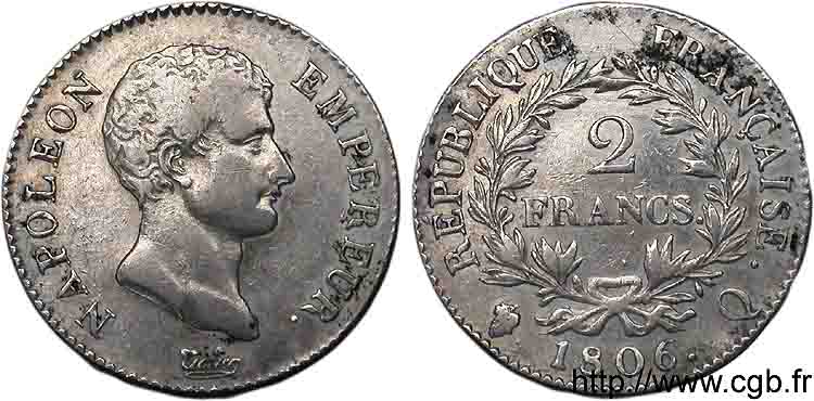 2 francs Napoléon empereur, calendrier grégorien 1806 Perpignan F.252/7 MBC 