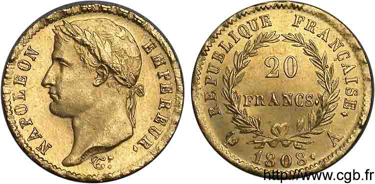 20 francs Napoléon tête laurée, République française 1808 Paris F.515/2 AU 