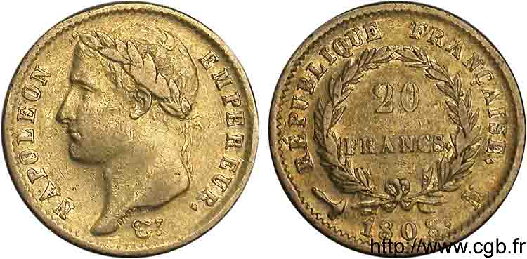 20 francs Napoléon tête laurée, République française 1808 Toulouse F.515/4 TTB 