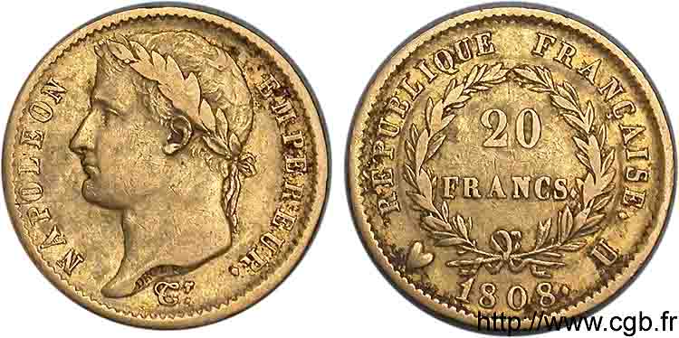 20 francs Napoléon tête laurée, République française 1808 Turin F.515/7 XF 