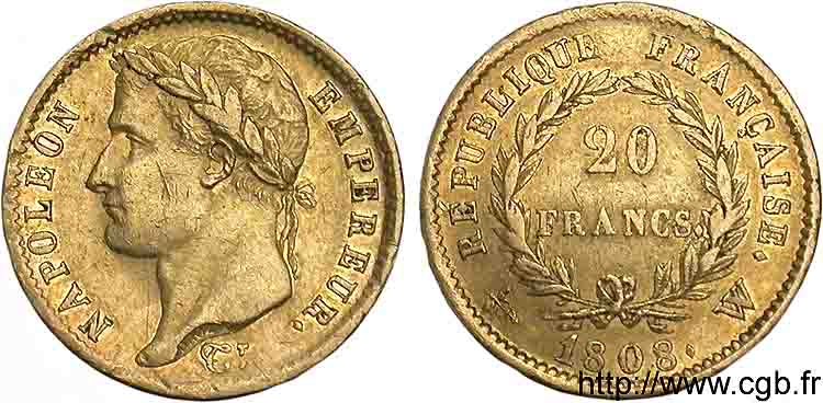 20 francs Napoléon tête laurée, République française 1808 Lille F.515/8 BB 