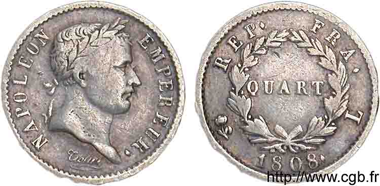 Quart de franc Napoléon Ier tête laurée, république française 1808 Bayonne F.161/4 TB 