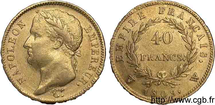 40 francs or Napoléon tête laurée, Empire français 1809 Lille F.541/3 XF 