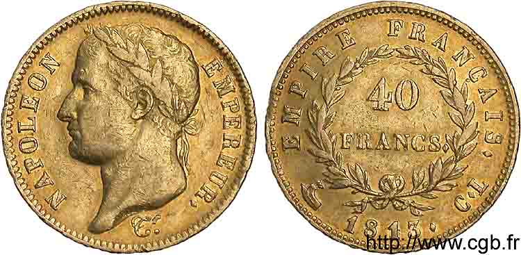 40 francs or Napoléon tête laurée, Empire français 1813 Gênes F.541/12 XF 