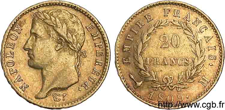 20 francs or Napoléon tête laurée, Empire français 1809 Toulouse F.516/5 MBC 