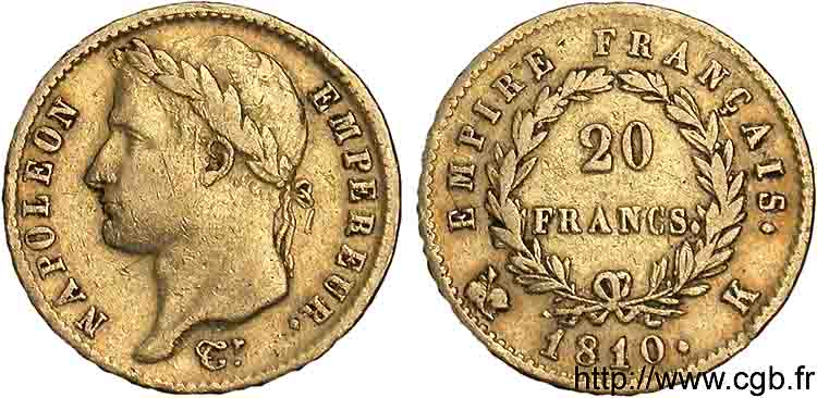 20 francs or Napoléon tête laurée, Empire français 1810 Bordeaux F.516/11 MBC 