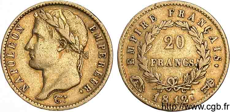 20 francs or Napoléon tête laurée, Empire français 1812 Rome F.516/27 TB 
