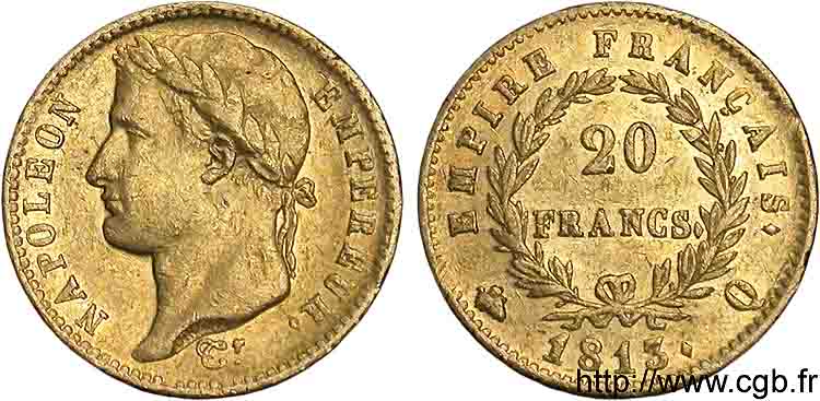 20 francs or Napoléon tête laurée, Empire français 1813 Perpignan F.516/34 TTB 