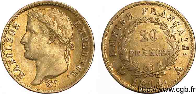 20 francs or Napoléon tête laurée, Empire français 1814 Paris F.516/39 MBC 