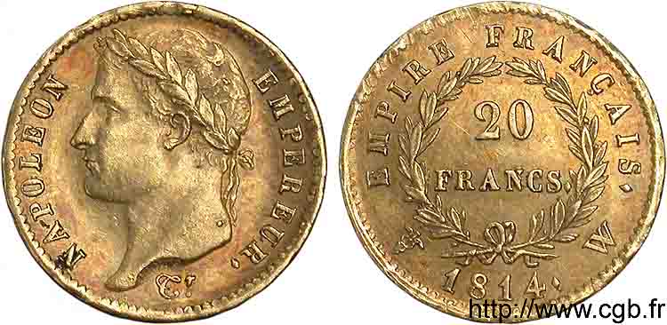 20 francs or Napoléon tête laurée, Empire français 1814 Lille F.516/42 BB 