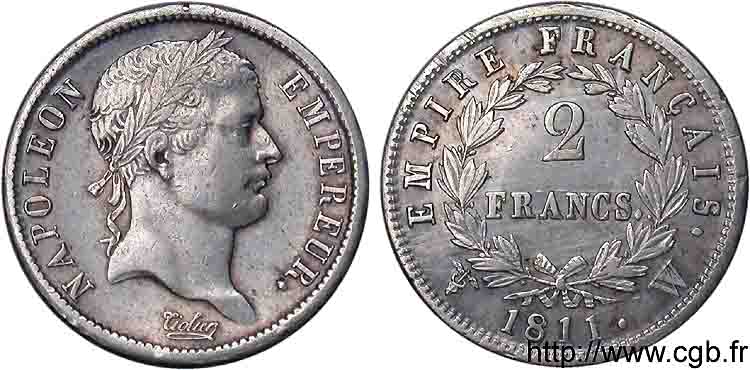 2 francs Napoléon Ier tête laurée, Empire français 1811 Lille F.255/37 TTB 