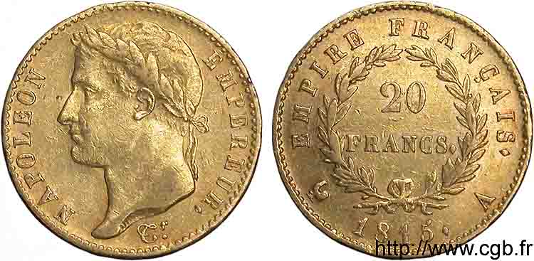 20 francs or Napoléon tête laurée, Empire français 1815 Paris F.516A/1 XF 