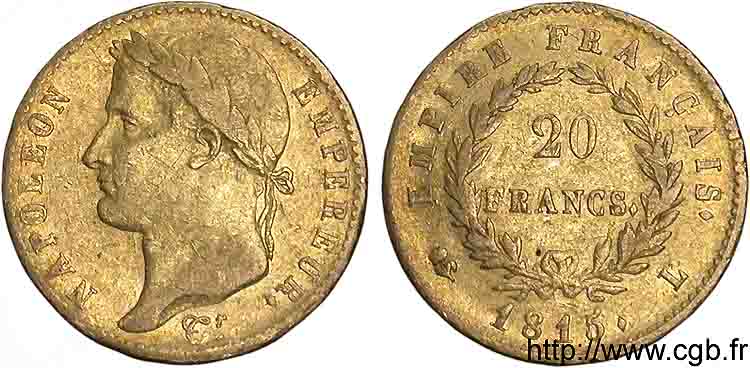 20 francs or Napoléon tête laurée, Empire français 1815 Bayonne F.516A/2 TB 