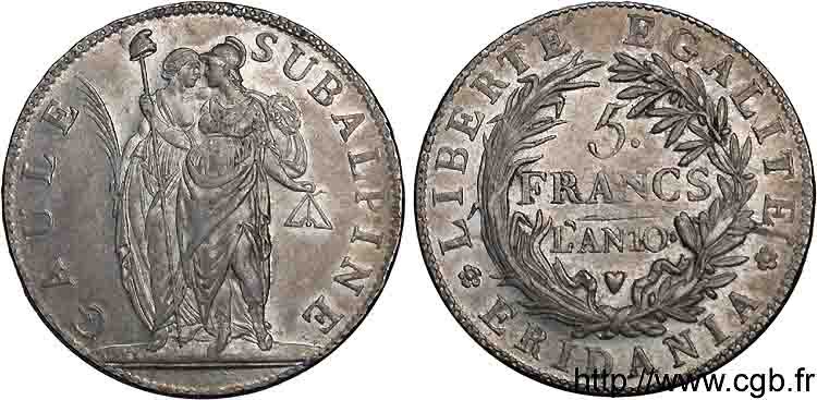 ITALY - SUBALPINE GAUL 5 francs 1802 Turin AU 