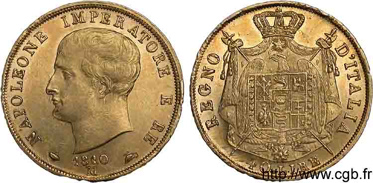 40 lires en or 2e type, tranche en creux 1810/09 Milan VG.1345  EBC 