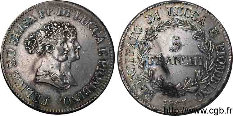 ITALY - PRINCIPALTY OF LUCCA AND PIOMBINO - FELIX BACCIOCHI AND ELISA BONAPARTE 5 franchi, petits bustes 1805 Florence XF 