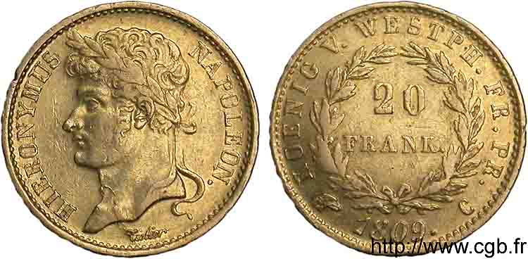 GERMANY - KINGDOM OF WESTPHALIA - JÉRÔME NAPOLÉON 20 frank or 1809 Cassel SS 