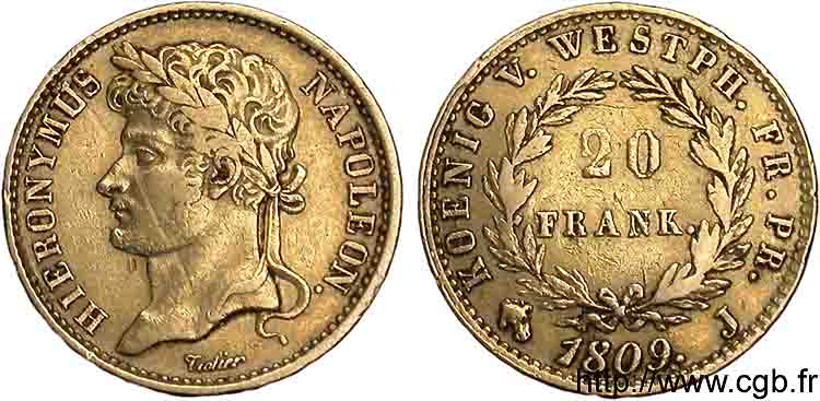 GERMANY - KINGDOM OF WESTPHALIA - JÉRÔME NAPOLÉON 20 frank or 1809 Cassel XF 