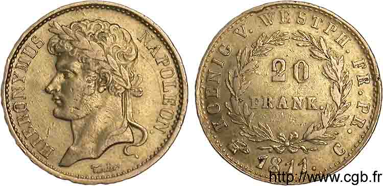 GERMANY - KINGDOM OF WESTPHALIA - JÉRÔME NAPOLÉON 20 frank or 1811 Cassel BB 