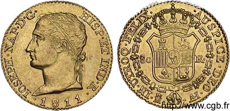80 reales en or, 2e type 1811 Madrid VG.2061  AU 