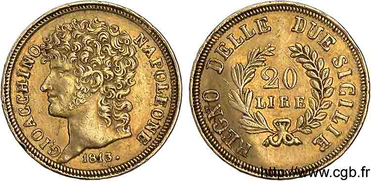 20 lires en or, branches courtes 1813 Naples VG.2253  XF 