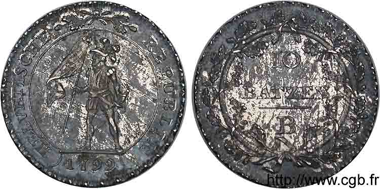 SUISSE - RÉPUBLIQUE HELVÉTIQUE 10 batzen (1 franc), 1er type  1799 Berne AU 
