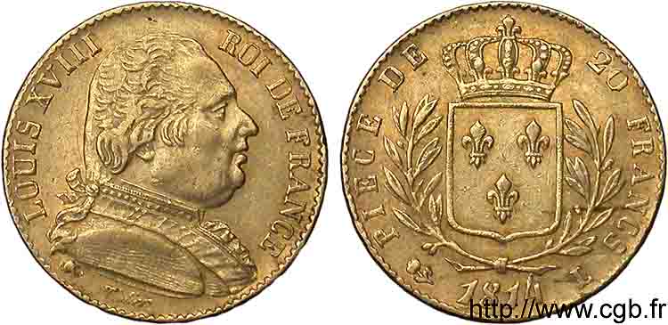 20 francs or Louis XVIII, buste habillé 1814 Bayonne F.517/5 MBC 