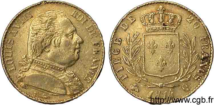 20 francs or Louis XVIII, buste habillé 1814 Perpignan F.517/7 BB 