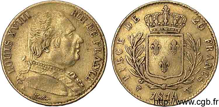 20 francs or Louis XVIII, buste habillé 1814 Lille F.517/9 MBC 
