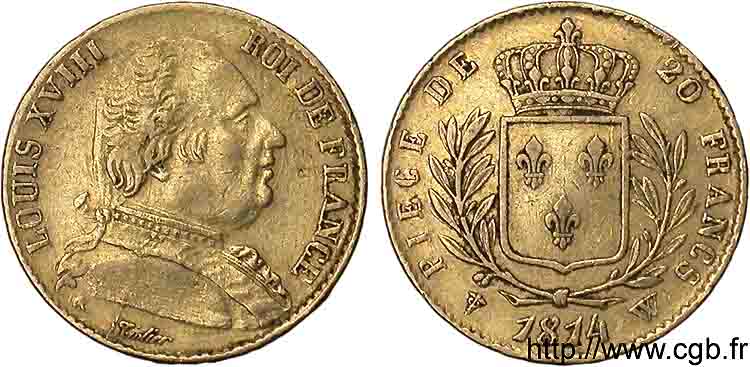 20 francs or Louis XVIII, buste habillé 1814 Lille F.517/9 TTB 