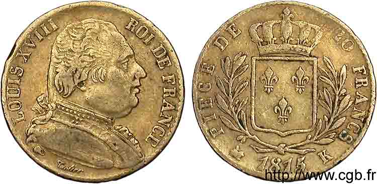 20 francs or Louis XVIII, buste habillé 1815 Bordeaux F.517/12 BB 
