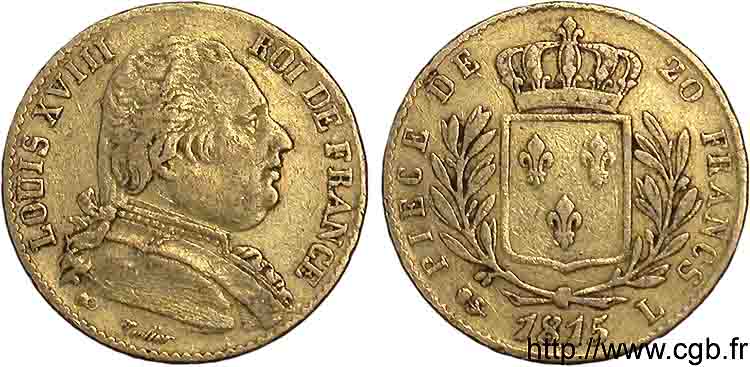 20 francs or Louis XVIII, buste habillé 1815 Bayonne F.517/14 MBC 