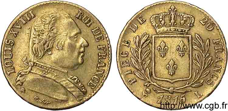 20 francs or Louis XVIII, buste habillé 1815 Bayonne F.517/15 BB 