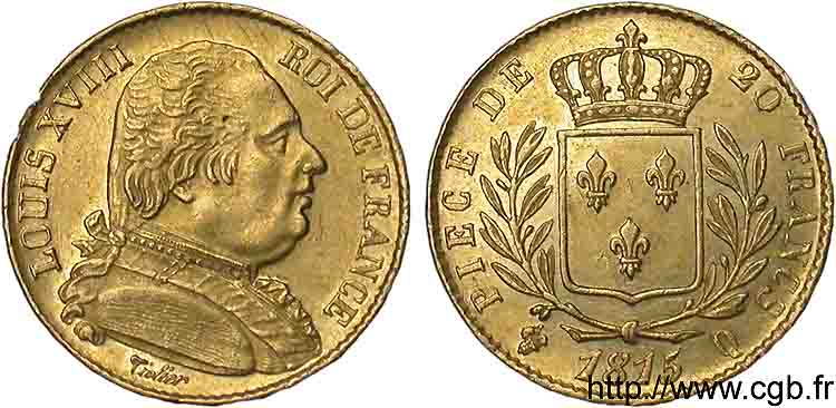 20 francs or Louis XVIII, buste habillé 1815 Perpignan F.517/16 AU 