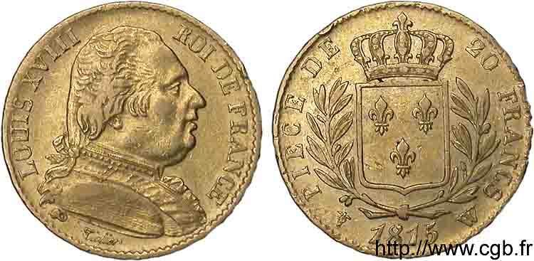20 francs or Louis XVIII, buste habillé 1815 Lille F.517/18 TTB 