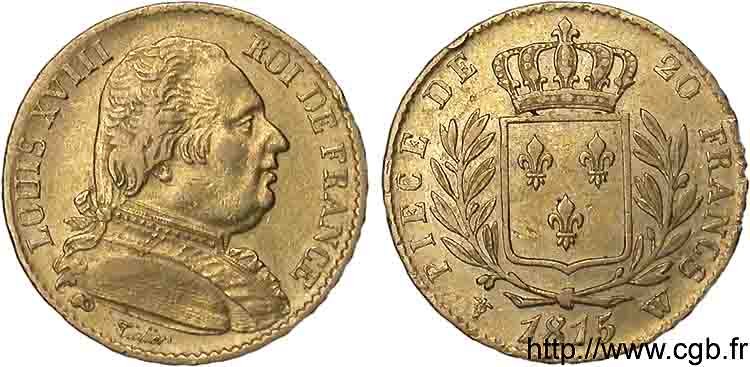 20 francs or Louis XVIII, buste habillé 1815 Lille F.517/18 MBC 