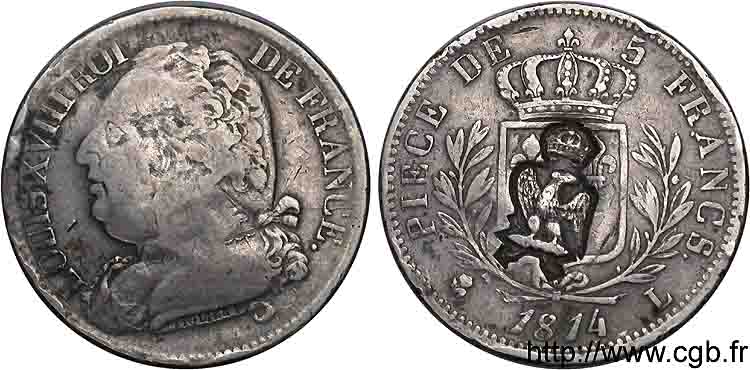 5 francs Louis XVIII, buste habillé, contremarqué d’une aigle couronnée 1814  Bayonne F.308/8 MBC 