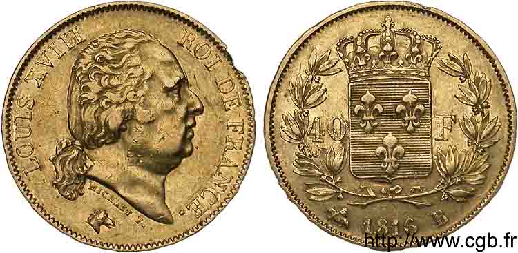 40 francs or Louis XVIII 1816 Rouen F.542/2 XF 
